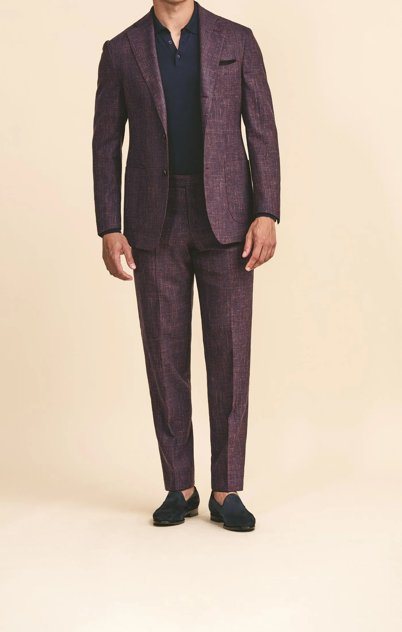 Loro Piana SUMMERTIME Plum Wool, Silk & Linen with Navy Glencheck Tropical Weave