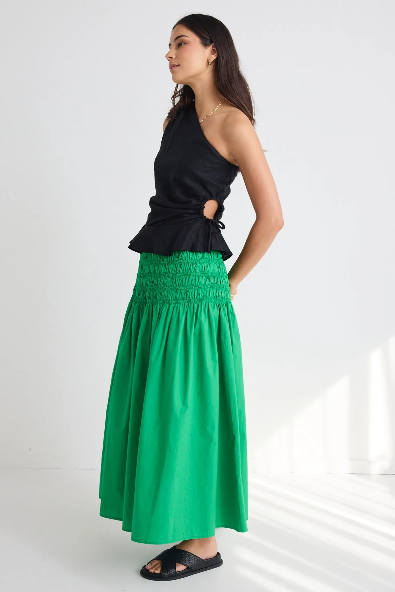 Lost Meadow Green Shirred Waist Maxi Skirt