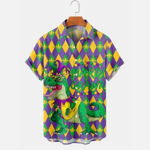 Mardi Gras Dinosaur Diamond Print Men's Button Pocket Short Sleeve Shirt