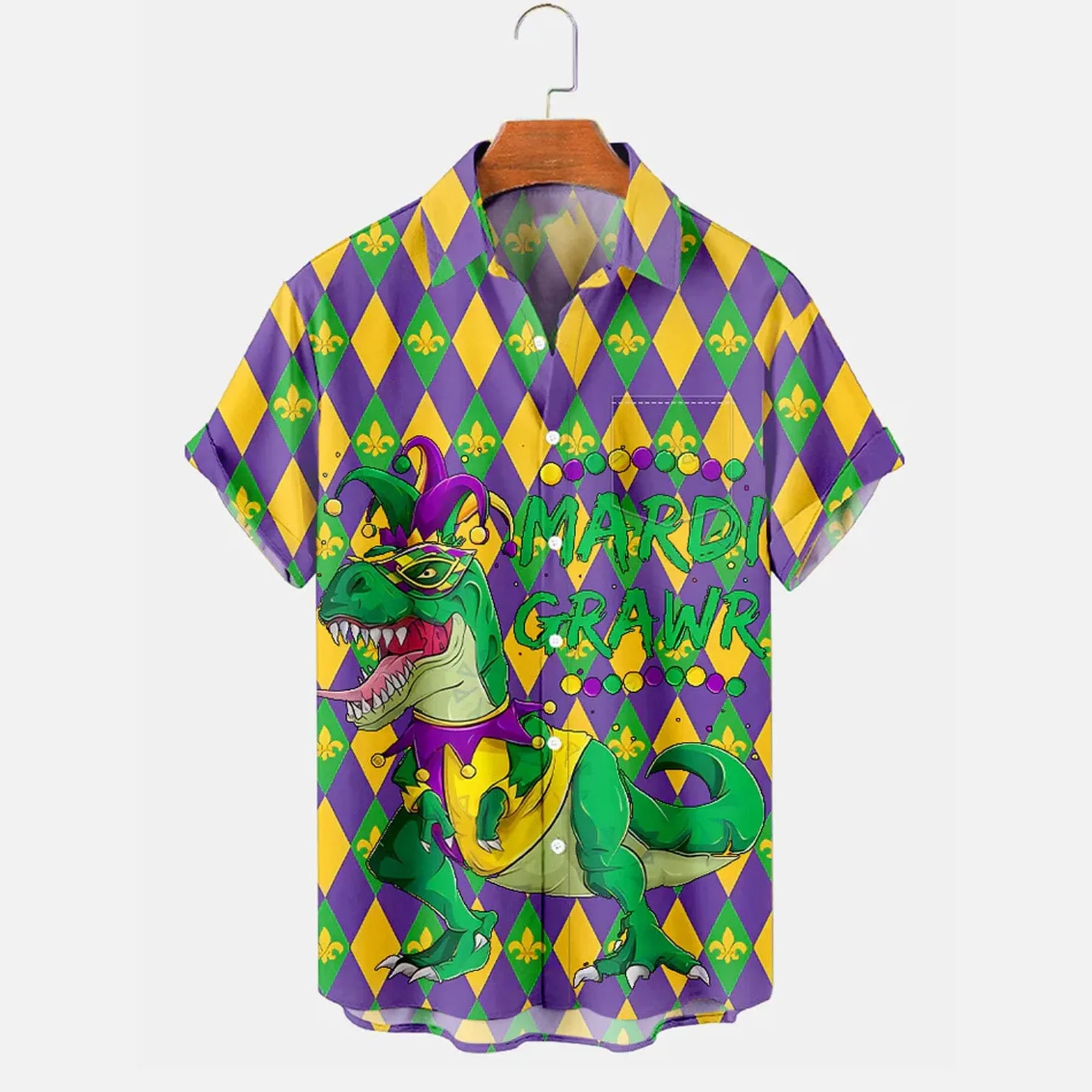 Mardi Gras Dinosaur Diamond Print Men's Button Pocket Short Sleeve Shirt