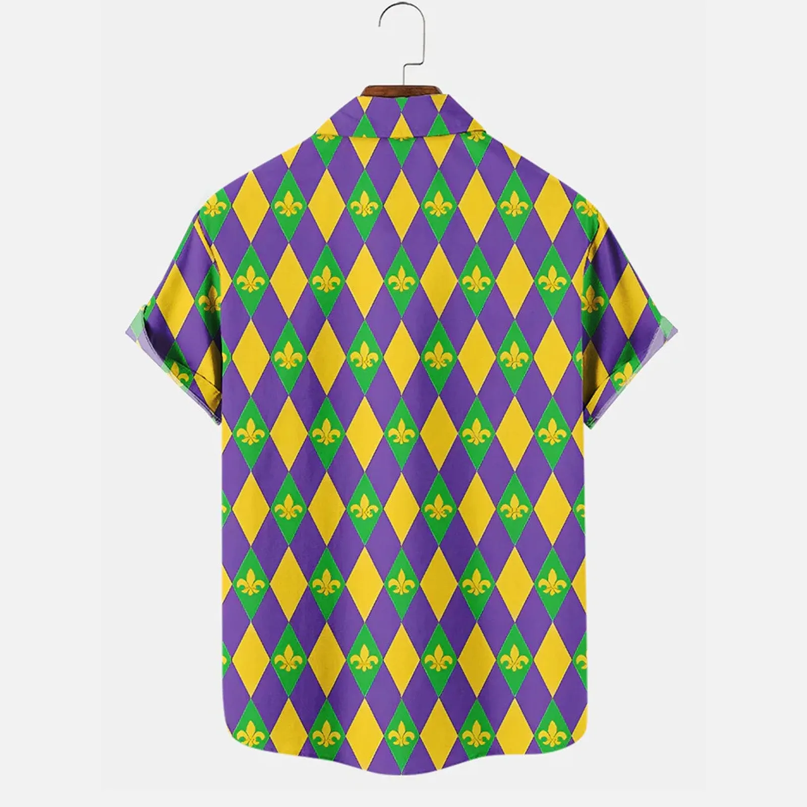 Mardi Gras Dinosaur Diamond Print Men's Button Pocket Short Sleeve Shirt