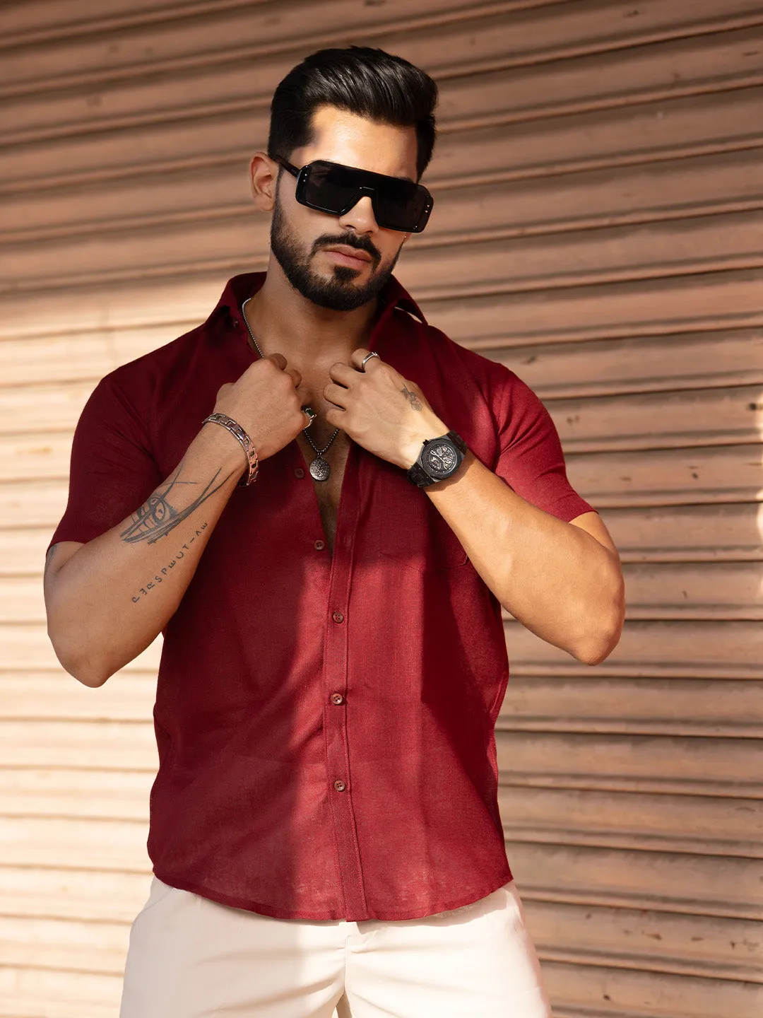 Maroon Linen Half Sleeve Solid Shirt