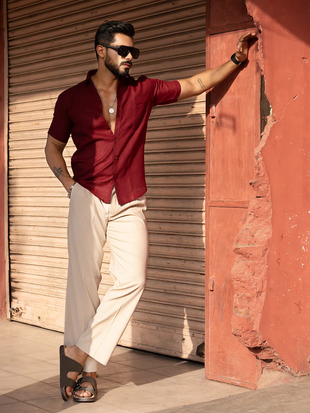 Maroon Linen Half Sleeve Solid Shirt