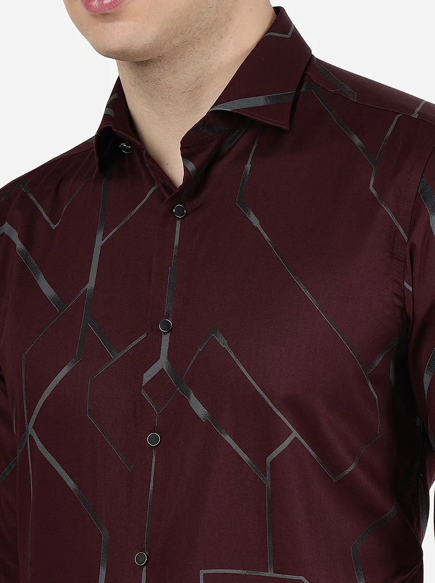Maroon Printed Slim Fit Party Wear Shirt | JB Studio
