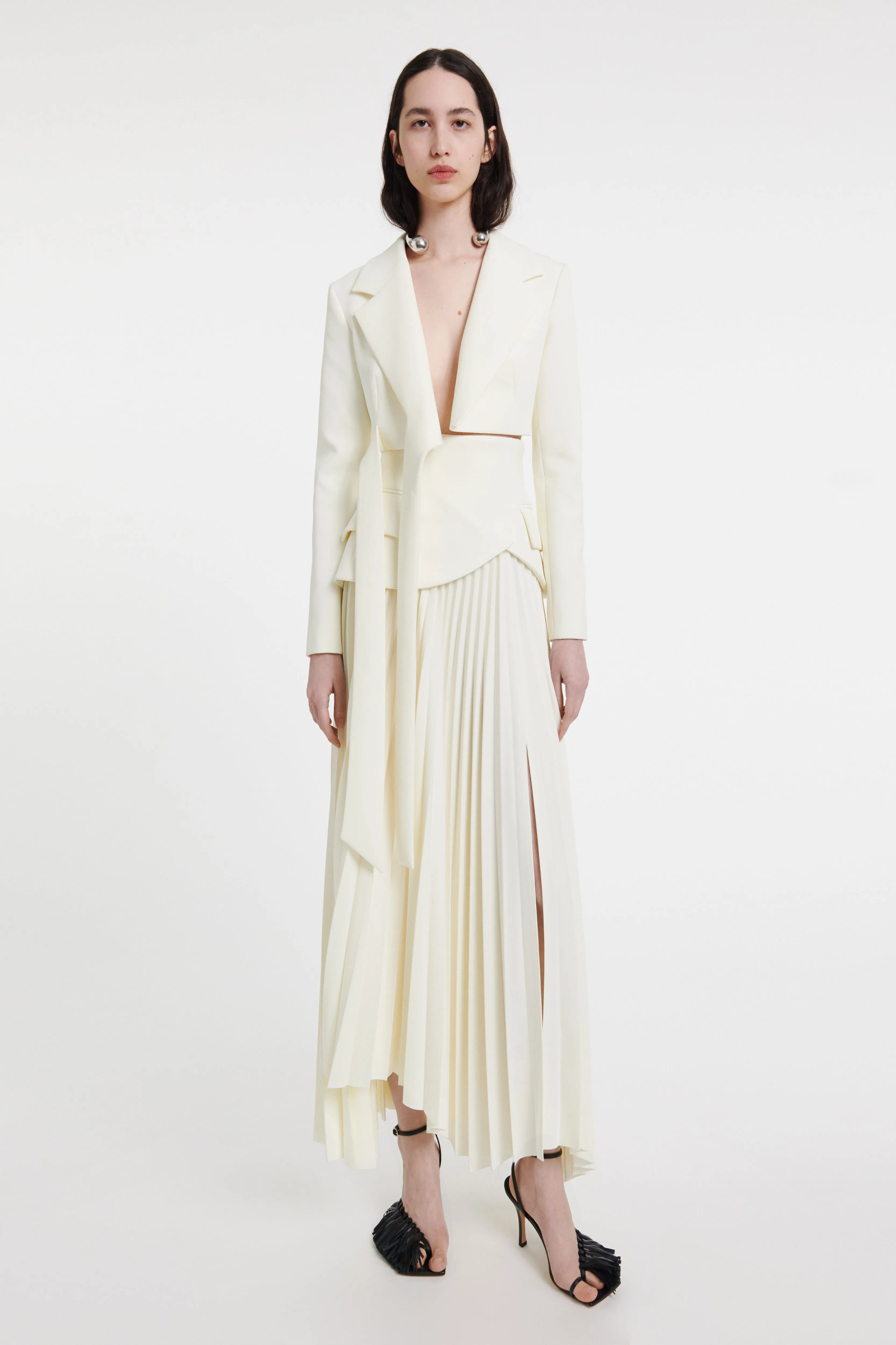 Maxi Pleated Asymmetric Skirt With Basque Detail Ivory