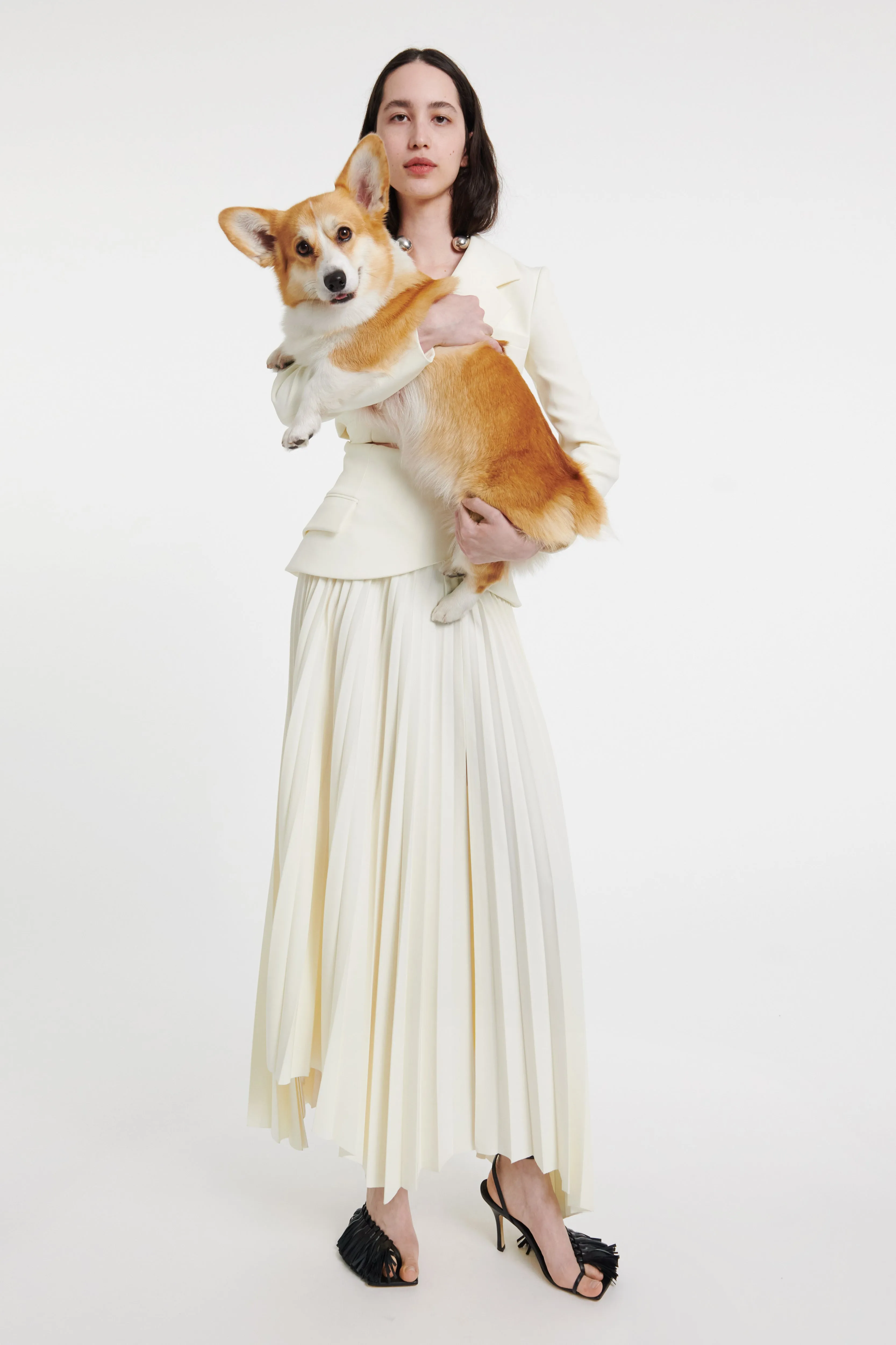 Maxi Pleated Asymmetric Skirt With Basque Detail Ivory