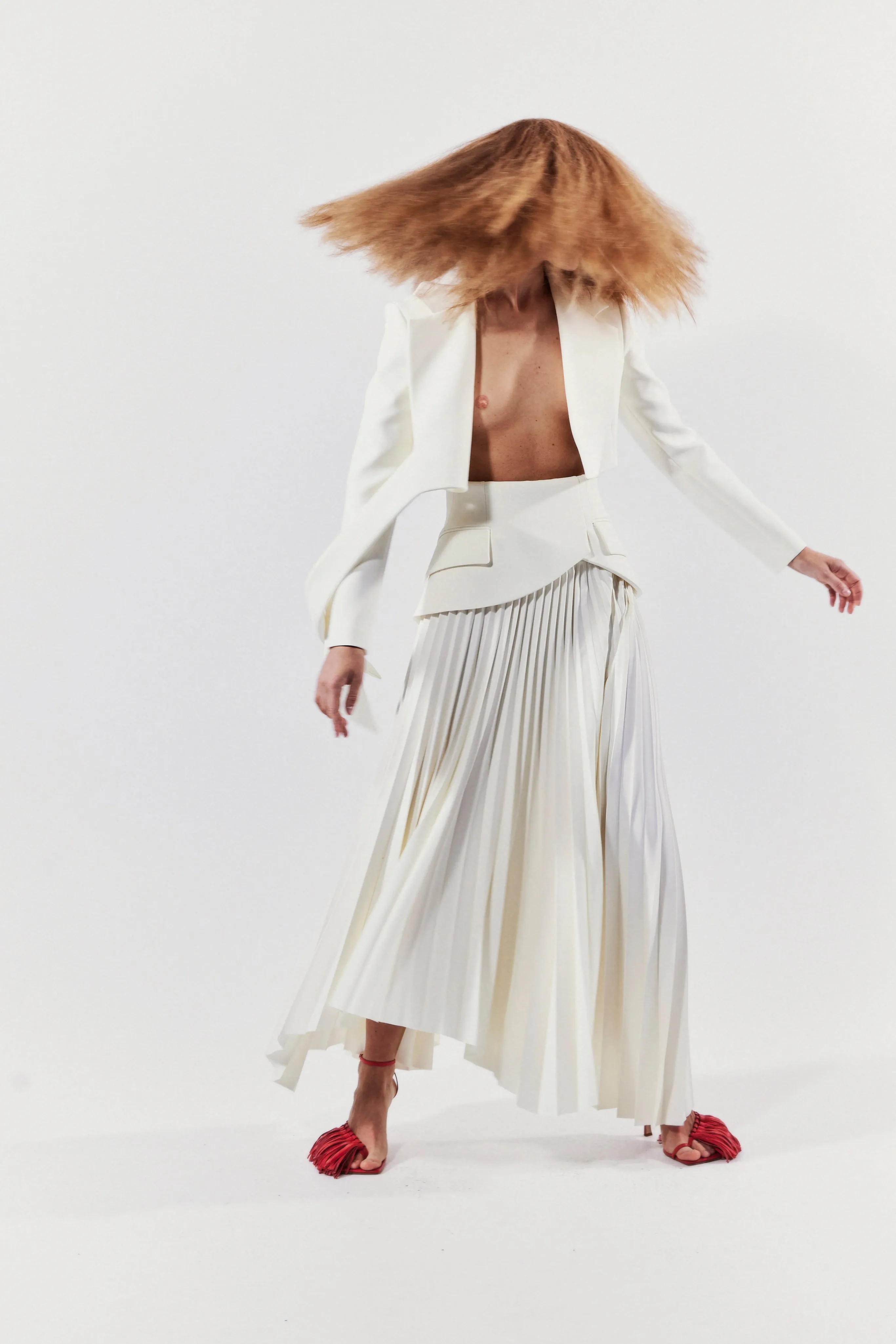 Maxi Pleated Asymmetric Skirt With Basque Detail Ivory