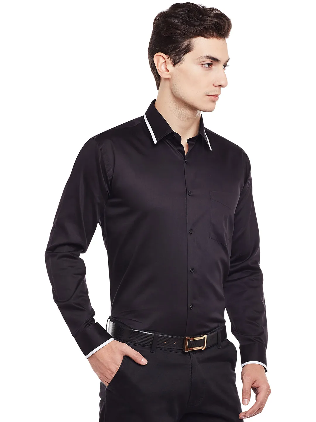 Men Black Solid Pure Cotton Slim Fit Formal Shirt