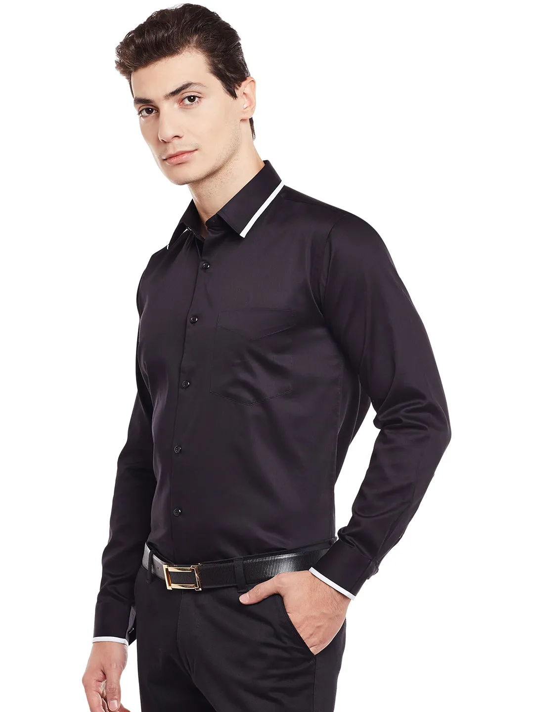 Men Black Solid Pure Cotton Slim Fit Formal Shirt