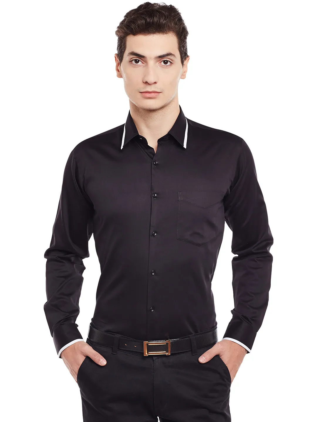 Men Black Solid Pure Cotton Slim Fit Formal Shirt