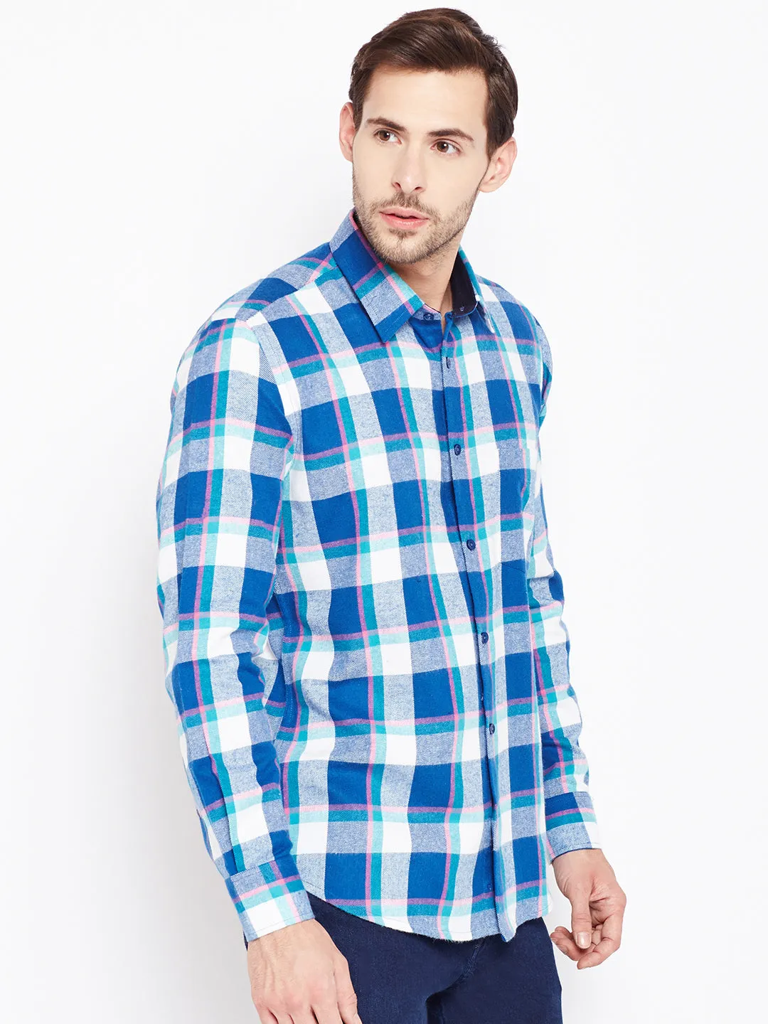 Men Blue Checked Pure Cotton Slim Fit Casual Shirt