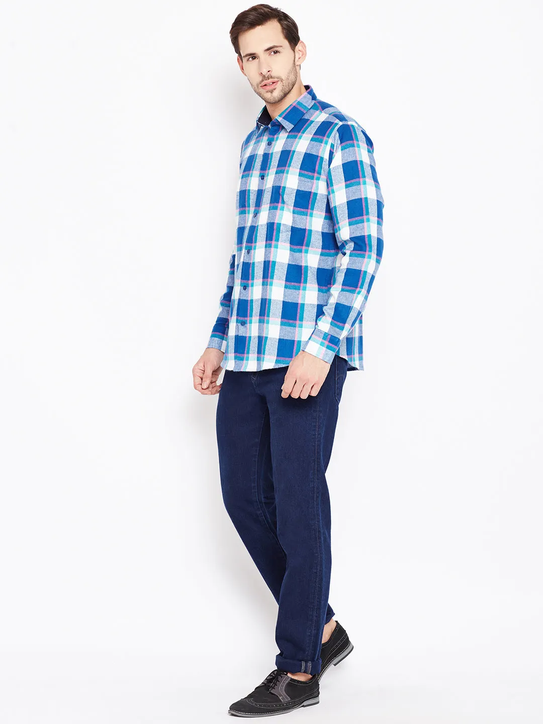 Men Blue Checked Pure Cotton Slim Fit Casual Shirt