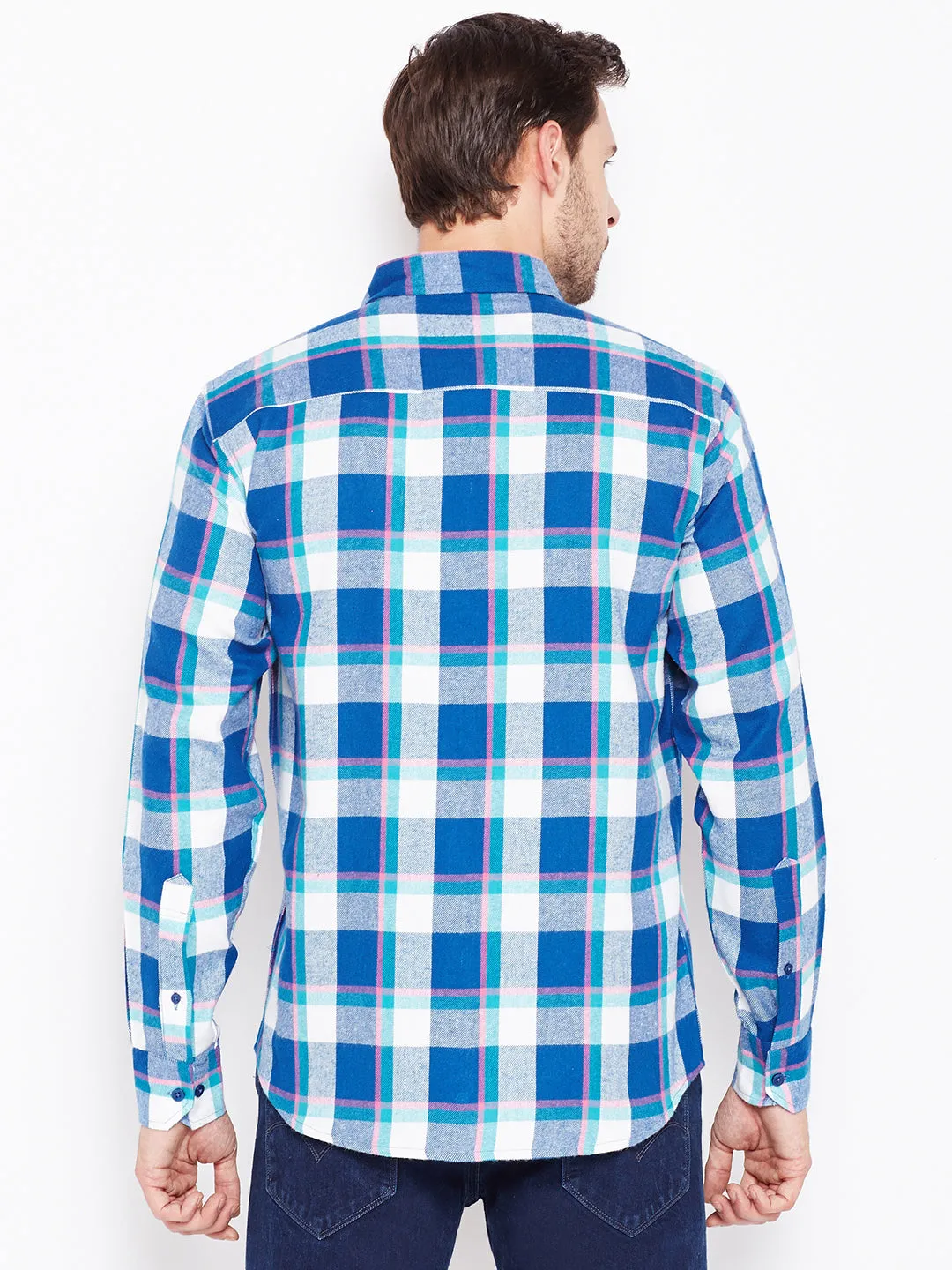 Men Blue Checked Pure Cotton Slim Fit Casual Shirt