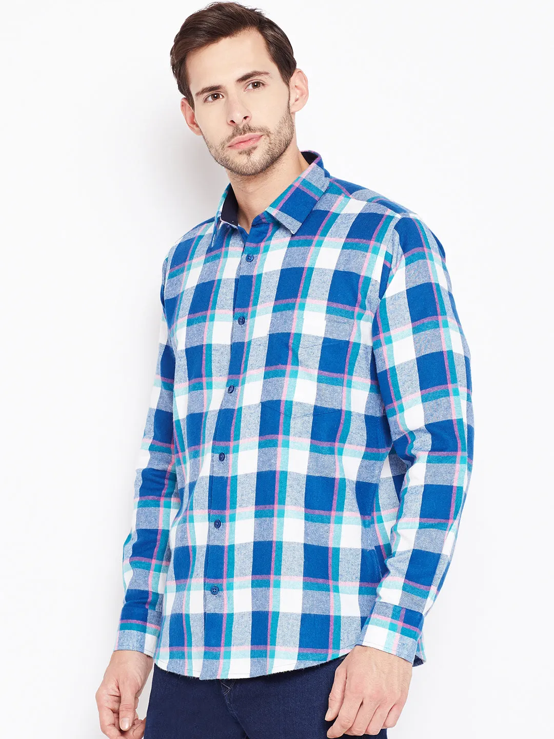 Men Blue Checked Pure Cotton Slim Fit Casual Shirt