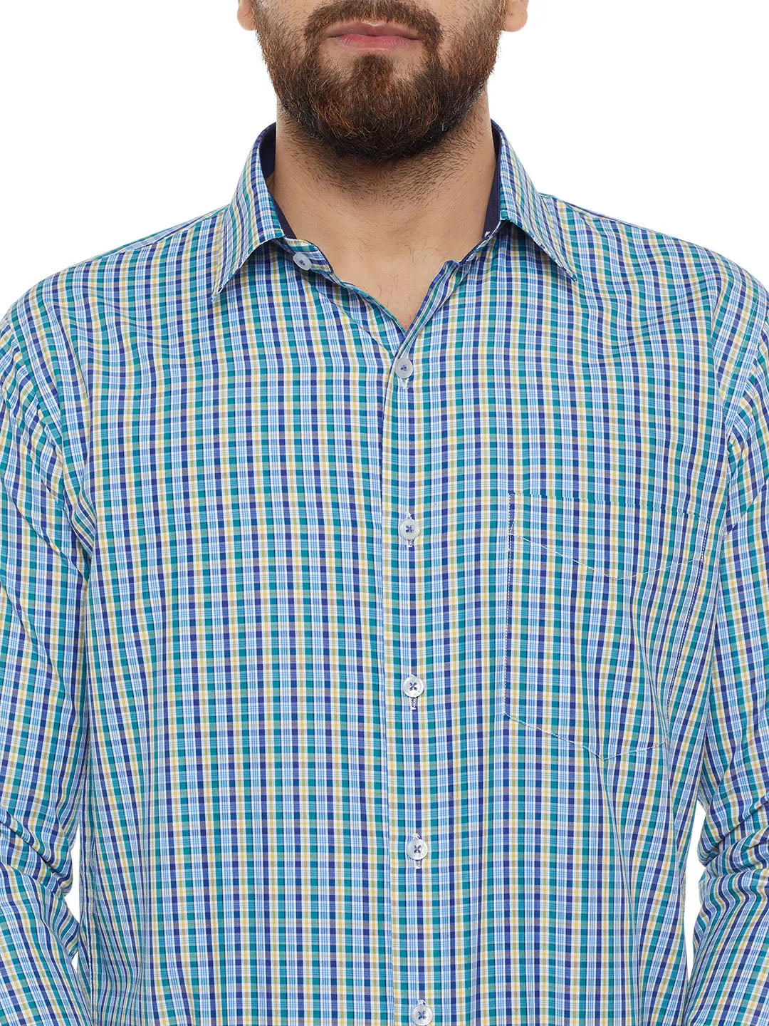 Men Green Checked Slim Fit Formal Shirt