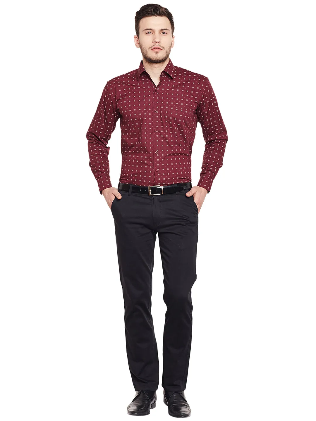 Men Maroon Printed Pure Cotton Regular Fit Formal Shirt