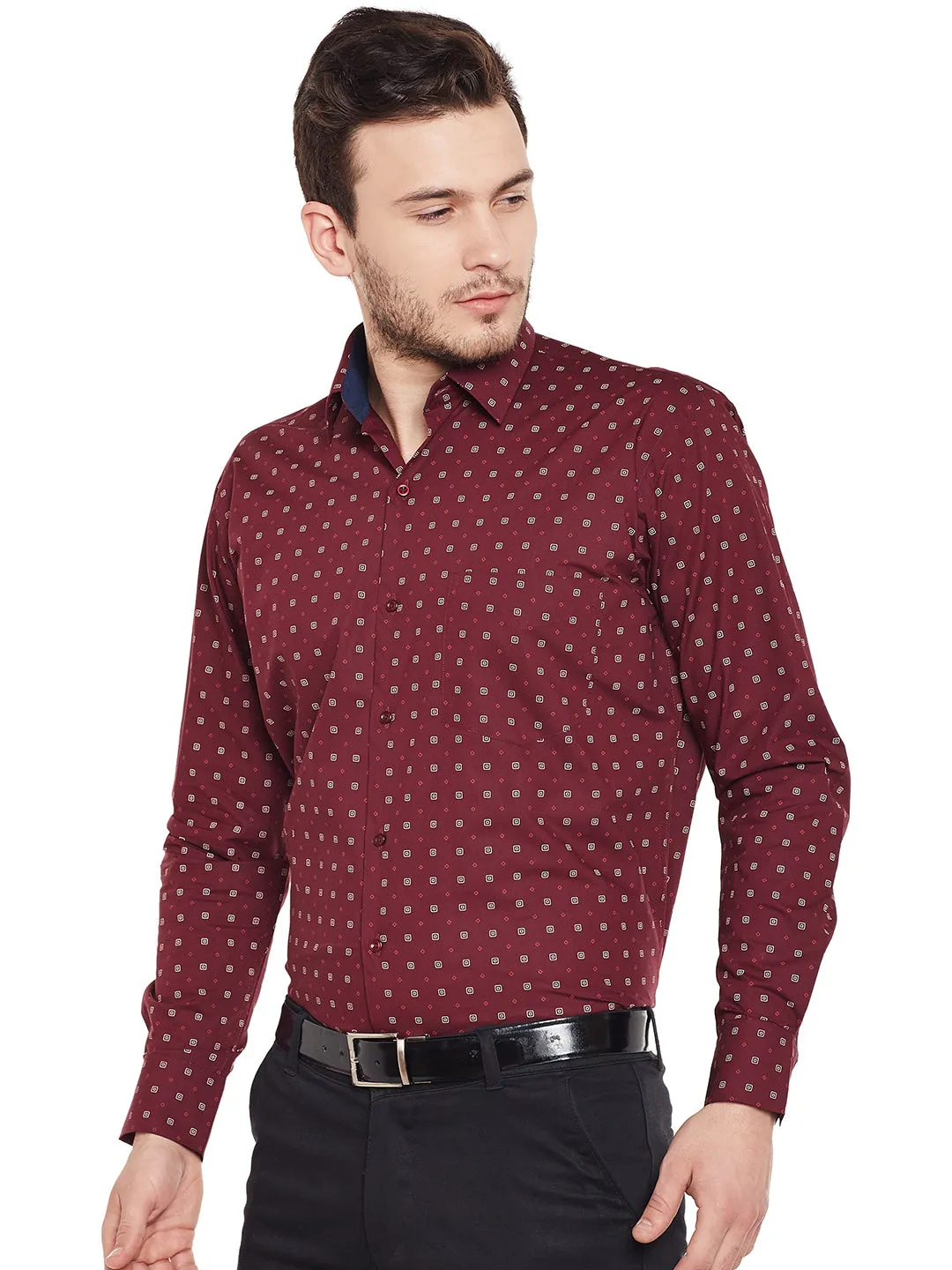 Men Maroon Printed Pure Cotton Regular Fit Formal Shirt