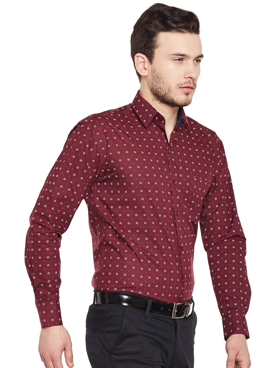 Men Maroon Printed Pure Cotton Regular Fit Formal Shirt