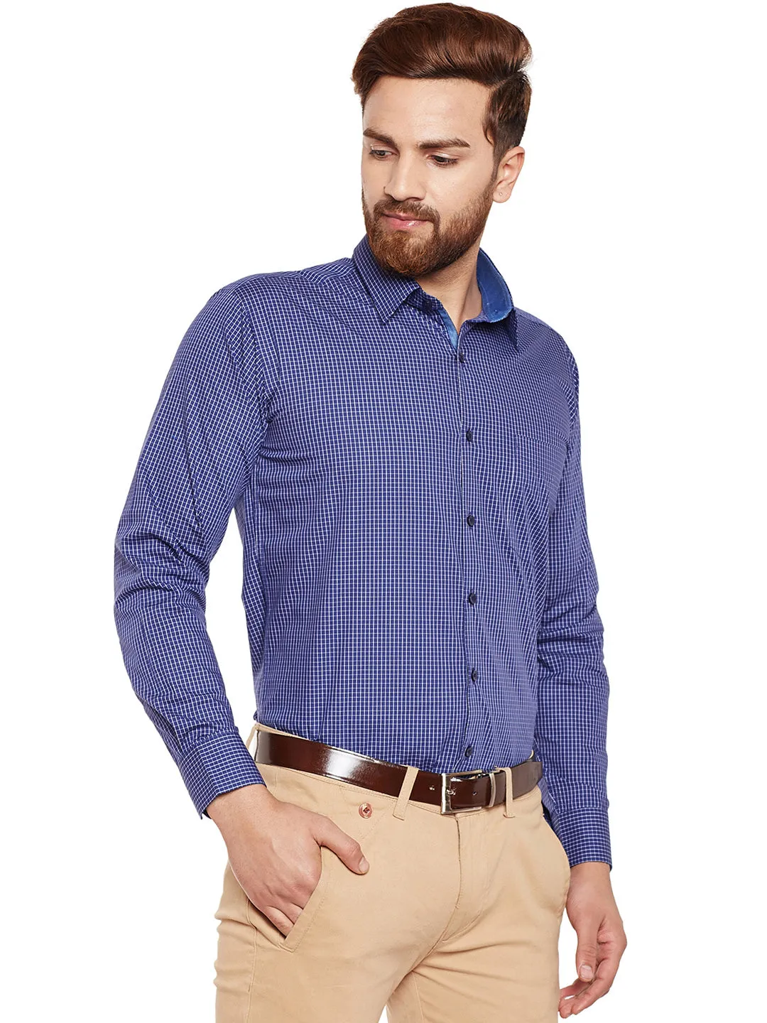 Men Navy Checked Pure Cotton Slim Fit Formal Shirt