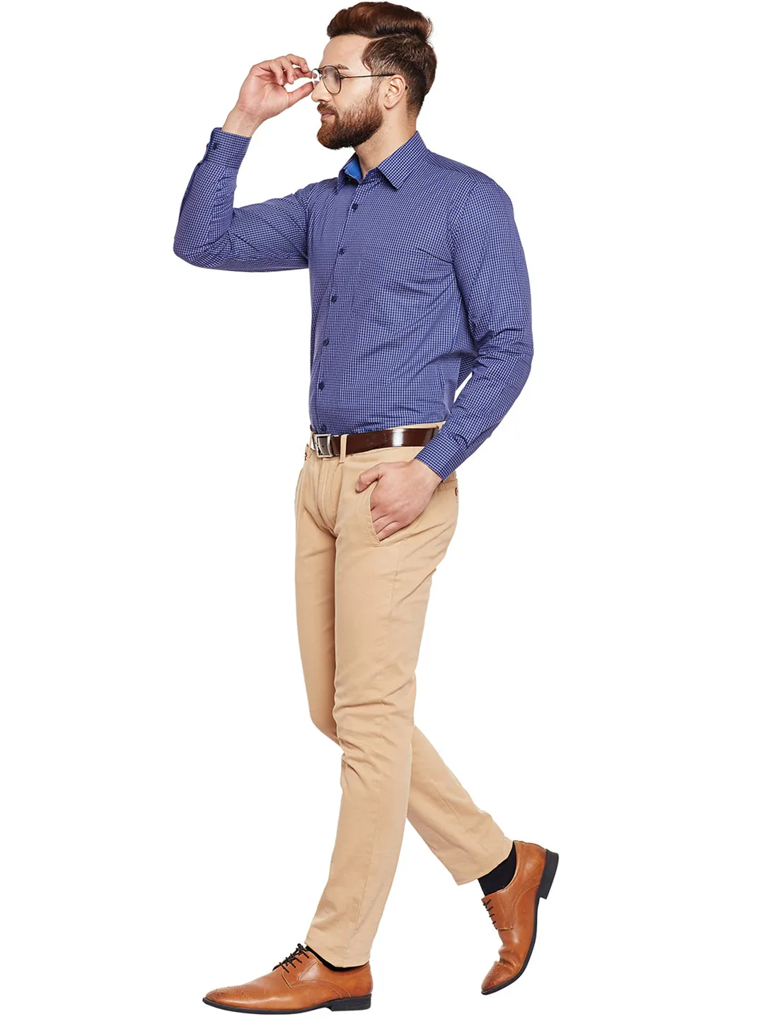 Men Navy Checked Pure Cotton Slim Fit Formal Shirt