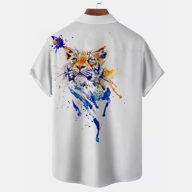 Men's Leisure Holiday Tiger Print Short-Sleeved Shirt