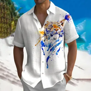 Men's Leisure Holiday Tiger Print Short-Sleeved Shirt