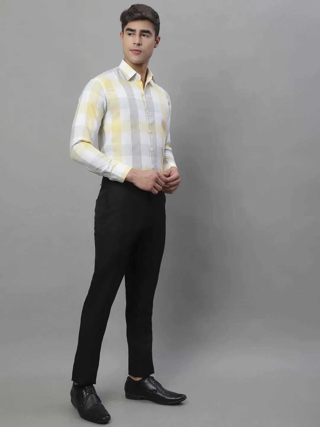 Men'S Pure Cotton Checked Formal Shirts (Yellow)