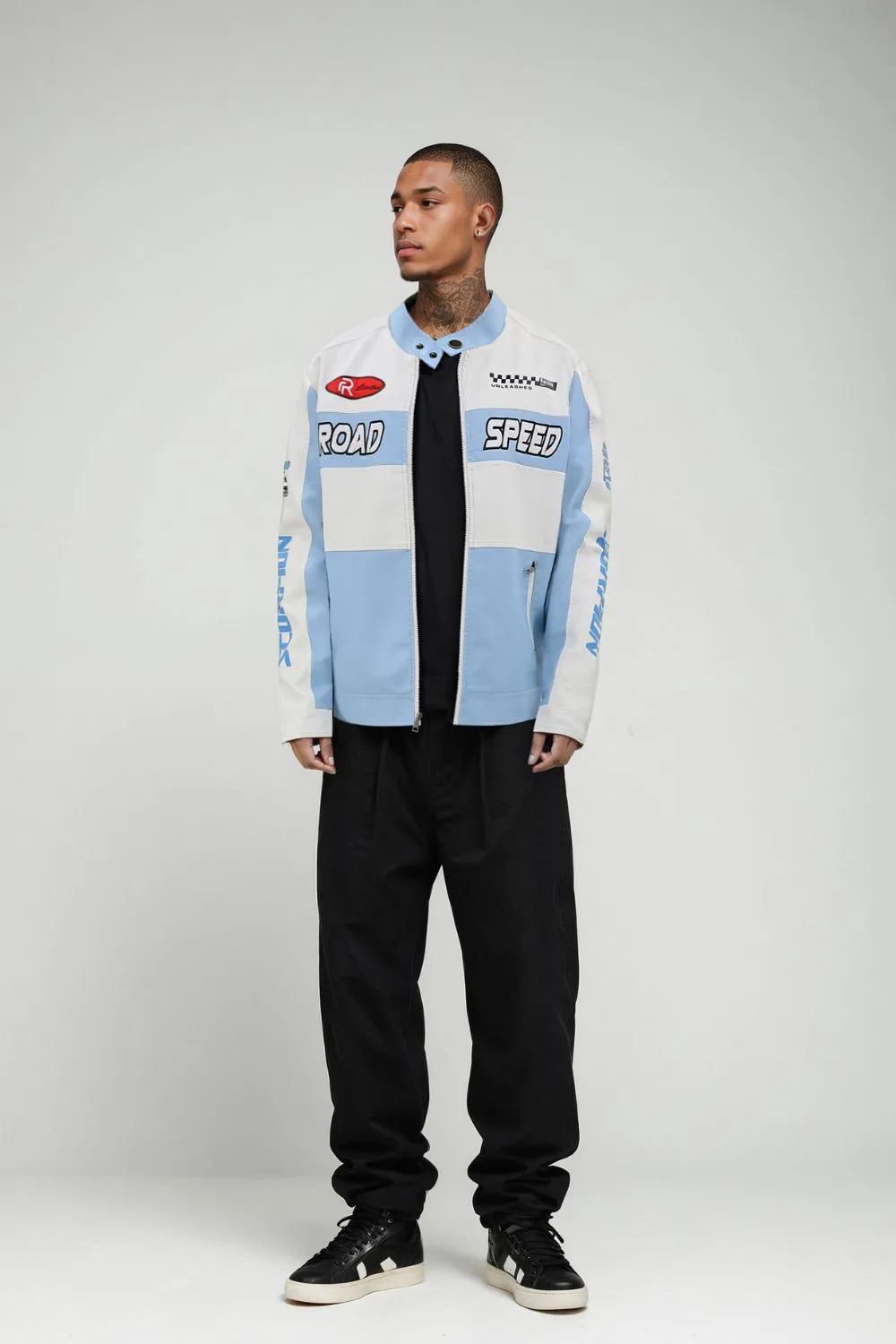 MEN'S RACING WOVEN PU JACKET-Sky Blue/White