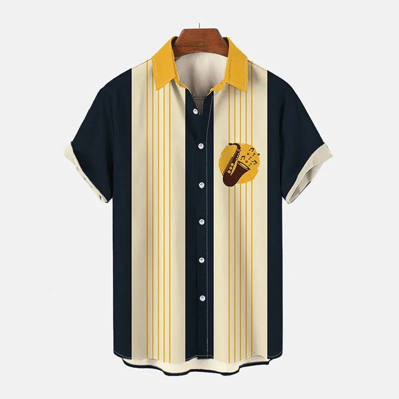Men's Retro Cuban Saxophone Printing Short Sleeve Shirt 2410001030