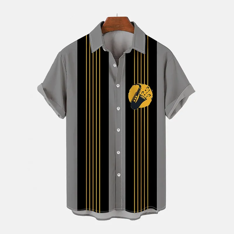 Men's Retro Cuban Saxophone Printing Short Sleeve Shirt 2410001030