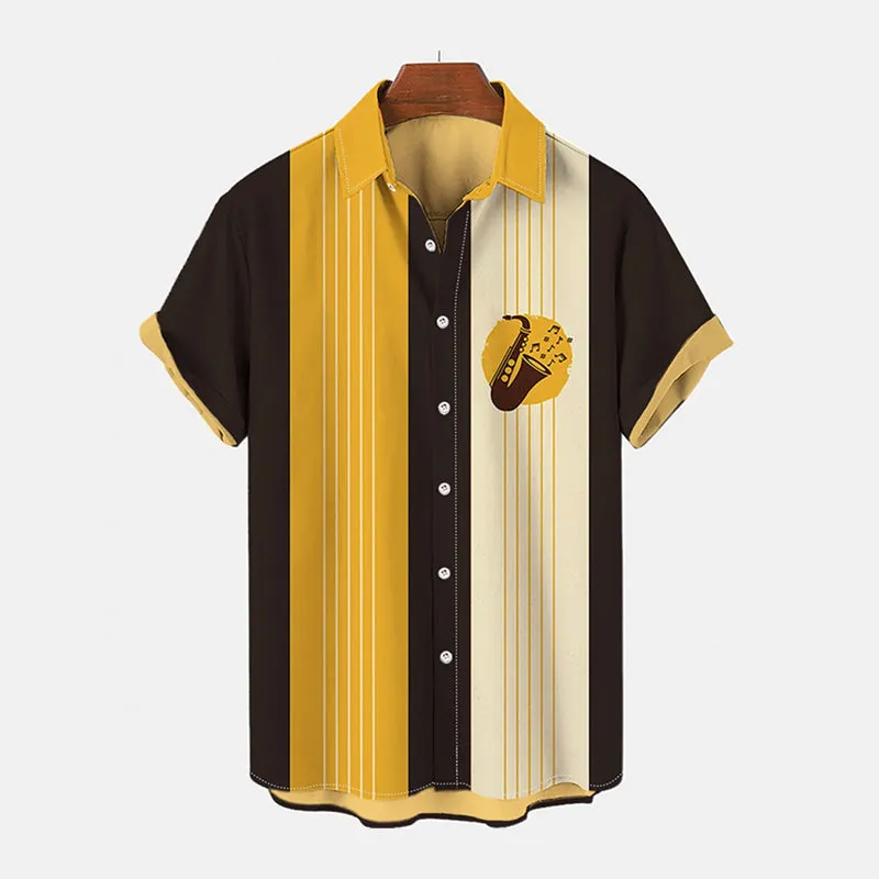 Men's Retro Cuban Saxophone Printing Short Sleeve Shirt 2410001030