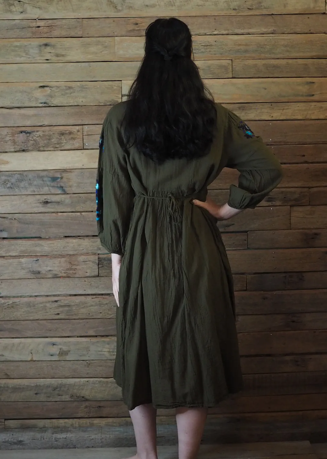 Mexicana Loose Dress Dark Avocado with Blue Floral