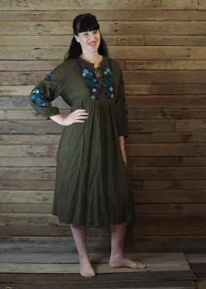 Mexicana Loose Dress Dark Avocado with Blue Floral