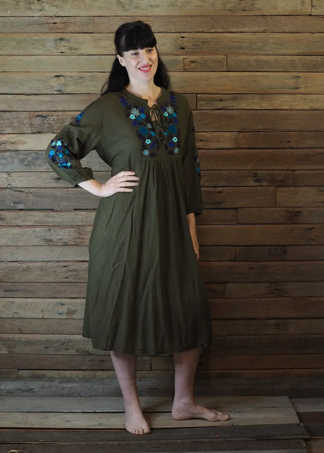 Mexicana Loose Dress Dark Avocado with Blue Floral