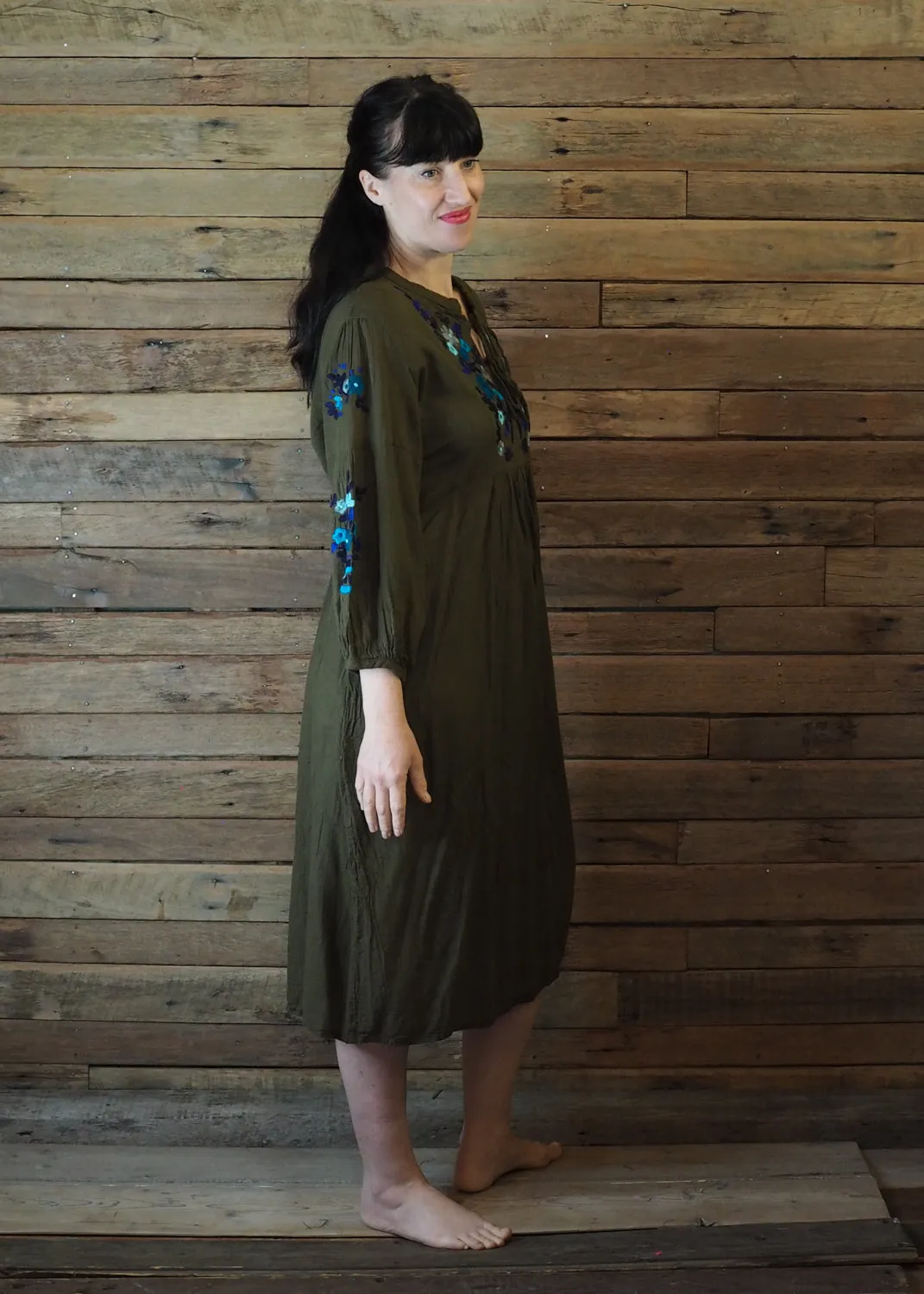 Mexicana Loose Dress Dark Avocado with Blue Floral