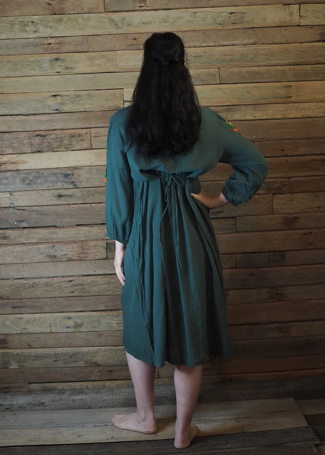 Mexicana Loose Dress Dark Forest Green with Orange