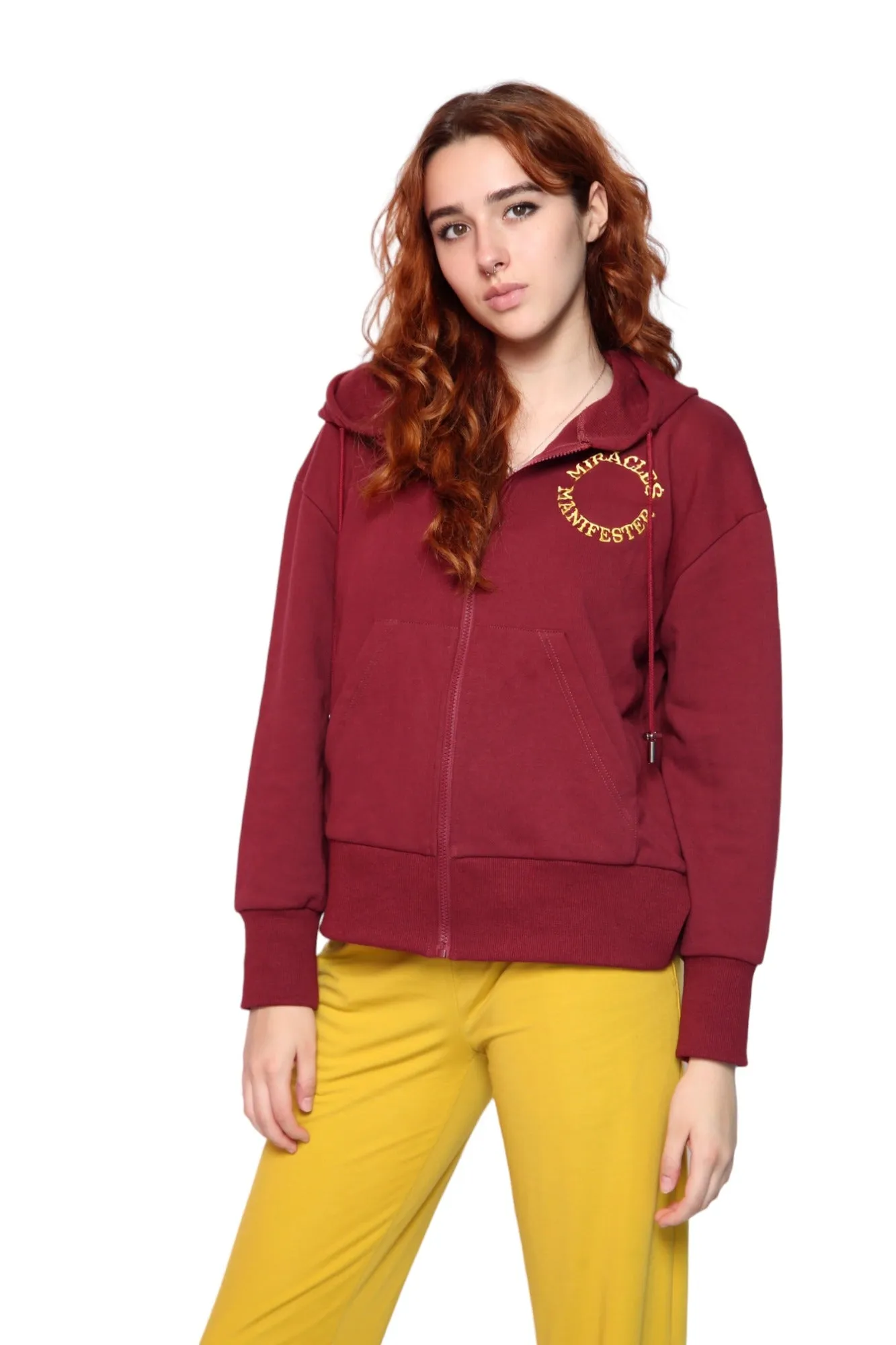Miracles Manifester Embroidered Zip Hoodie - Burgundy
