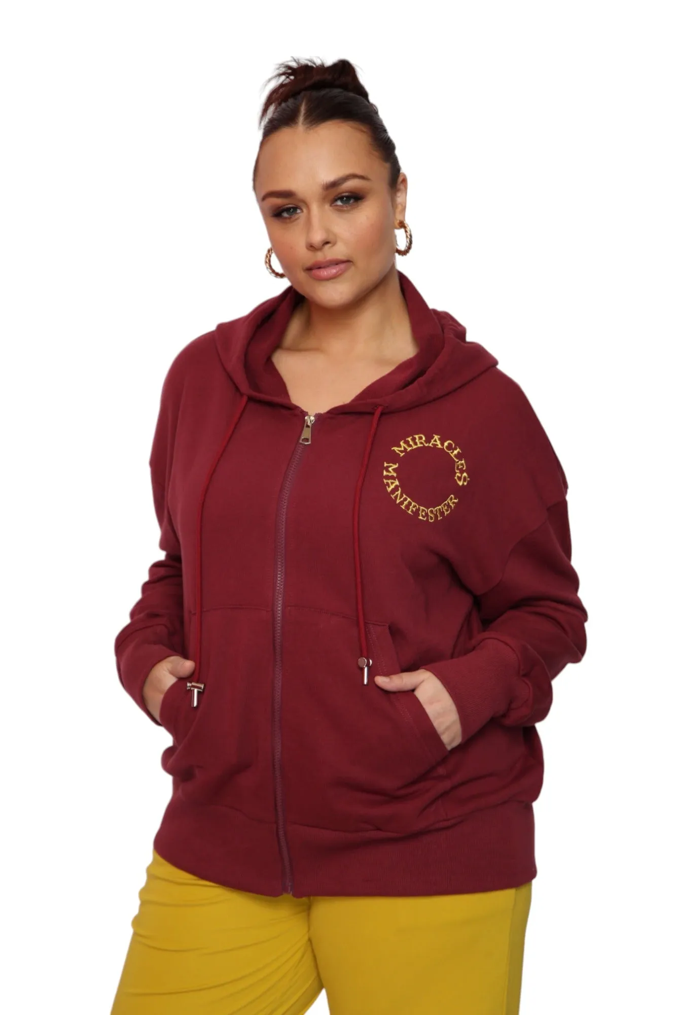 Miracles Manifester Embroidered Zip Hoodie - Burgundy