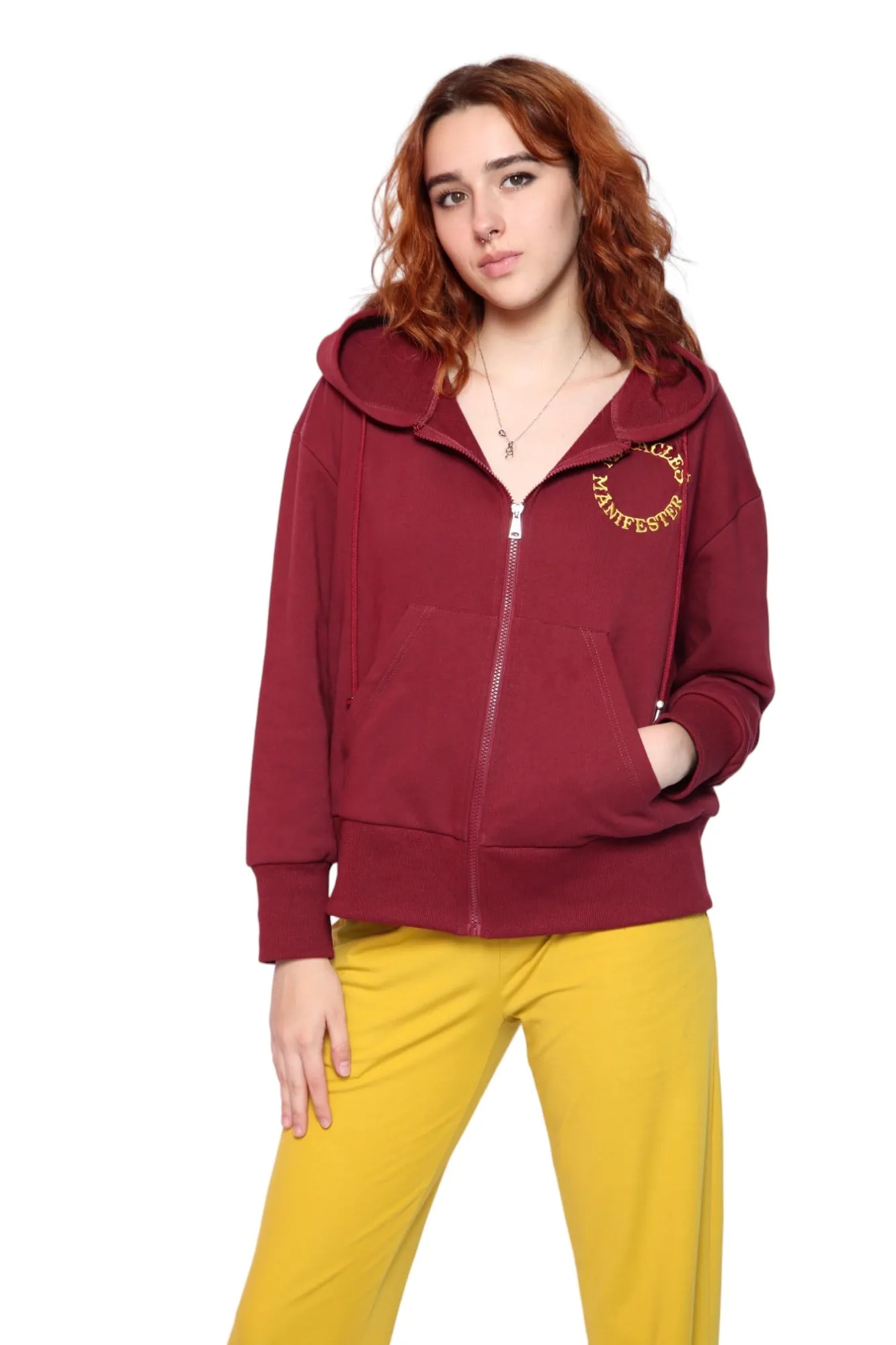 Miracles Manifester Embroidered Zip Hoodie - Burgundy