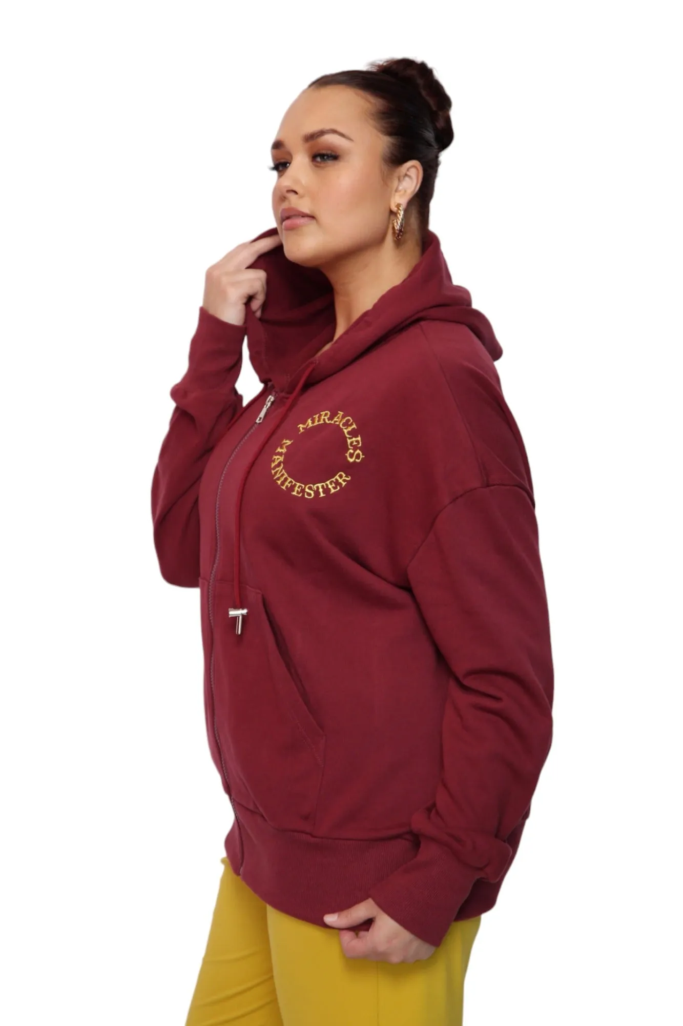 Miracles Manifester Embroidered Zip Hoodie - Burgundy