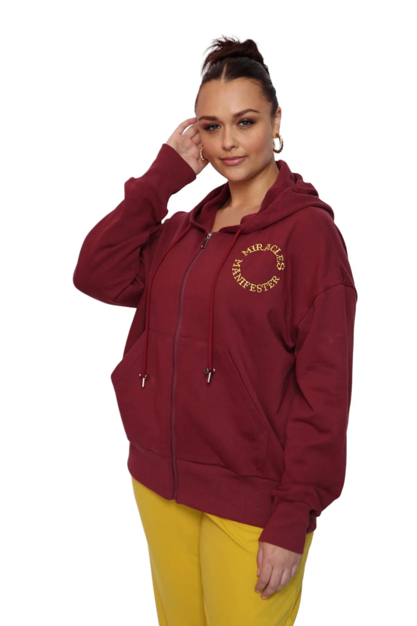 Miracles Manifester Embroidered Zip Hoodie - Burgundy