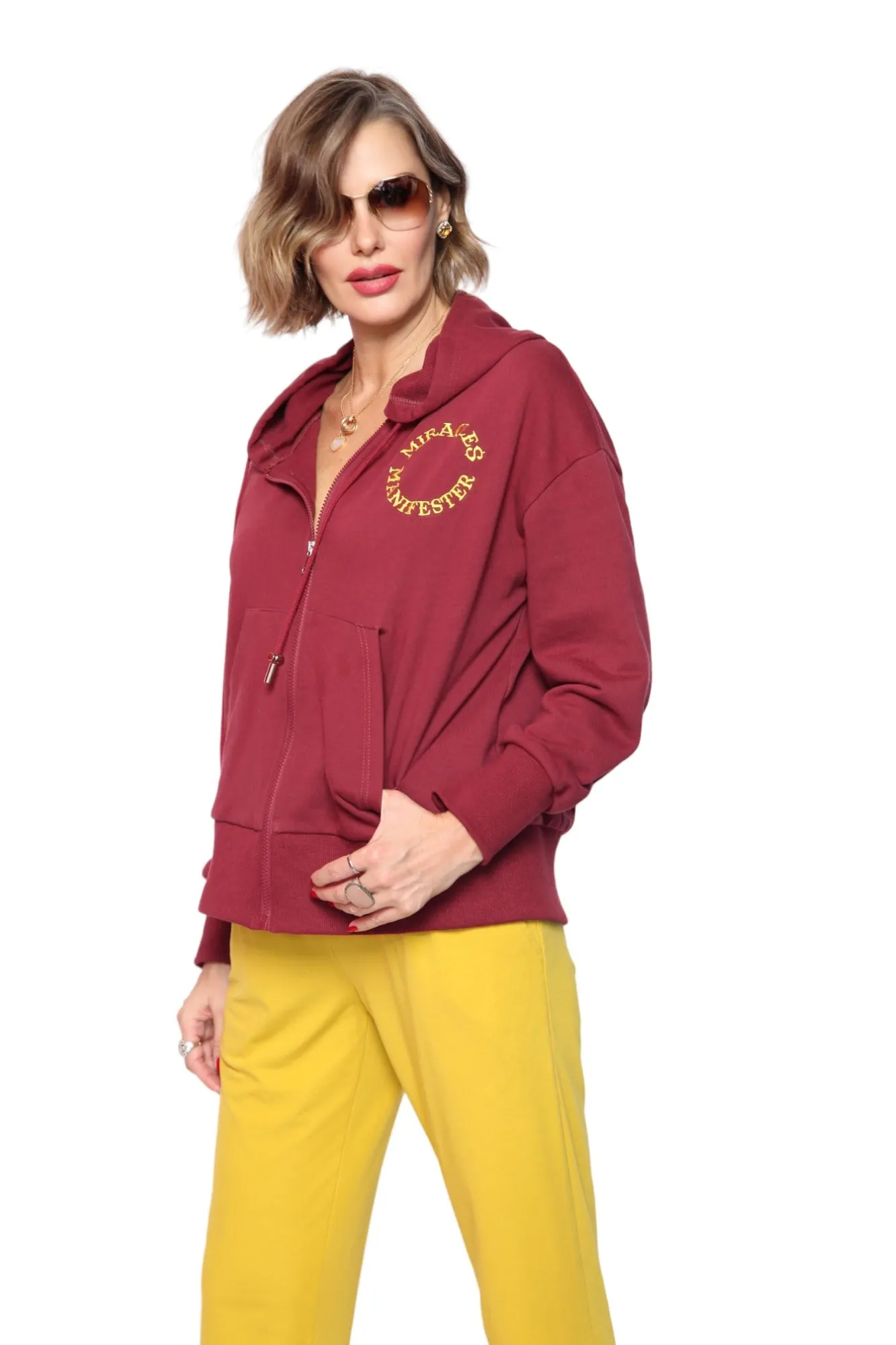 Miracles Manifester Embroidered Zip Hoodie - Burgundy