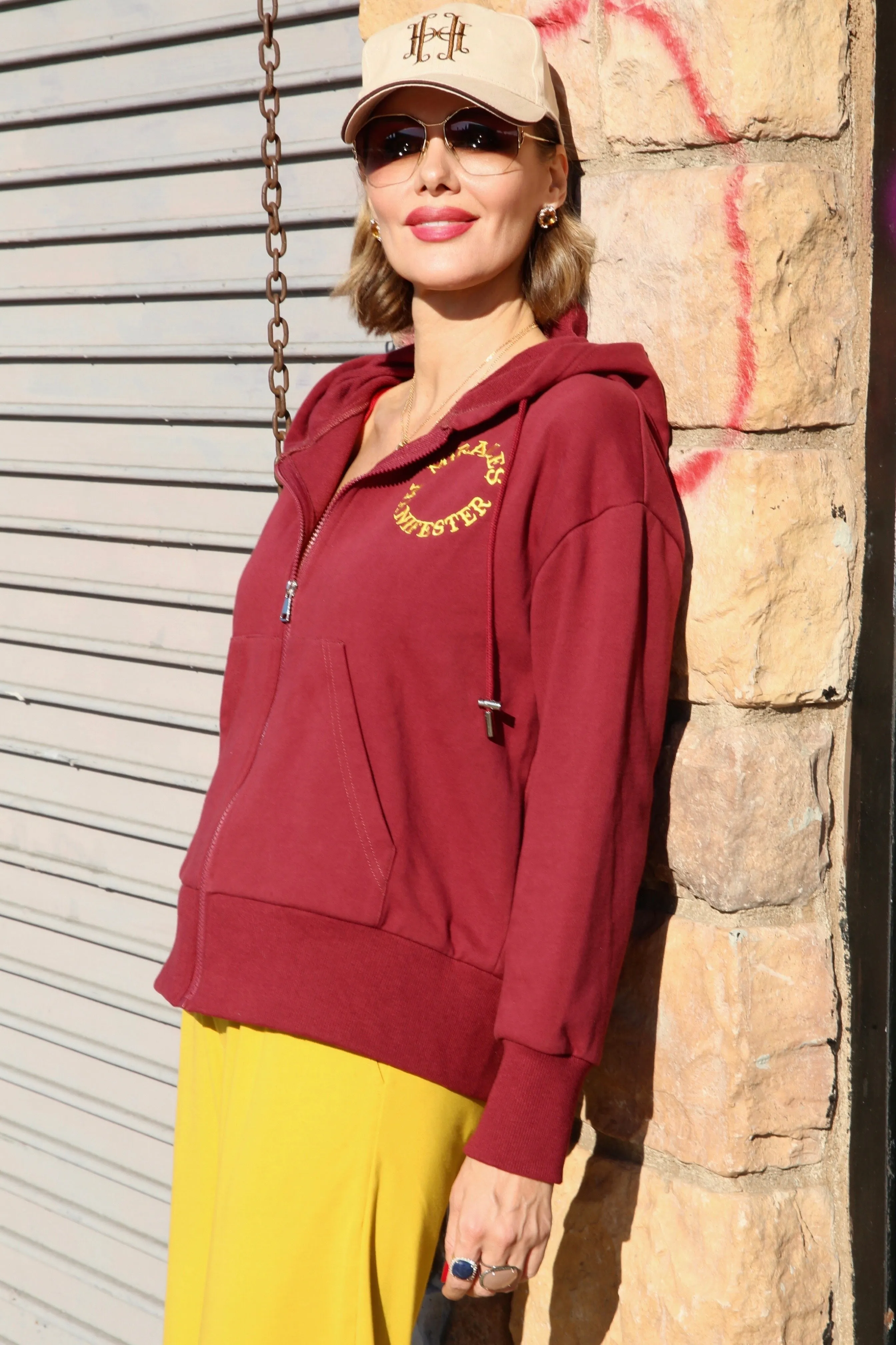 Miracles Manifester Embroidered Zip Hoodie - Burgundy