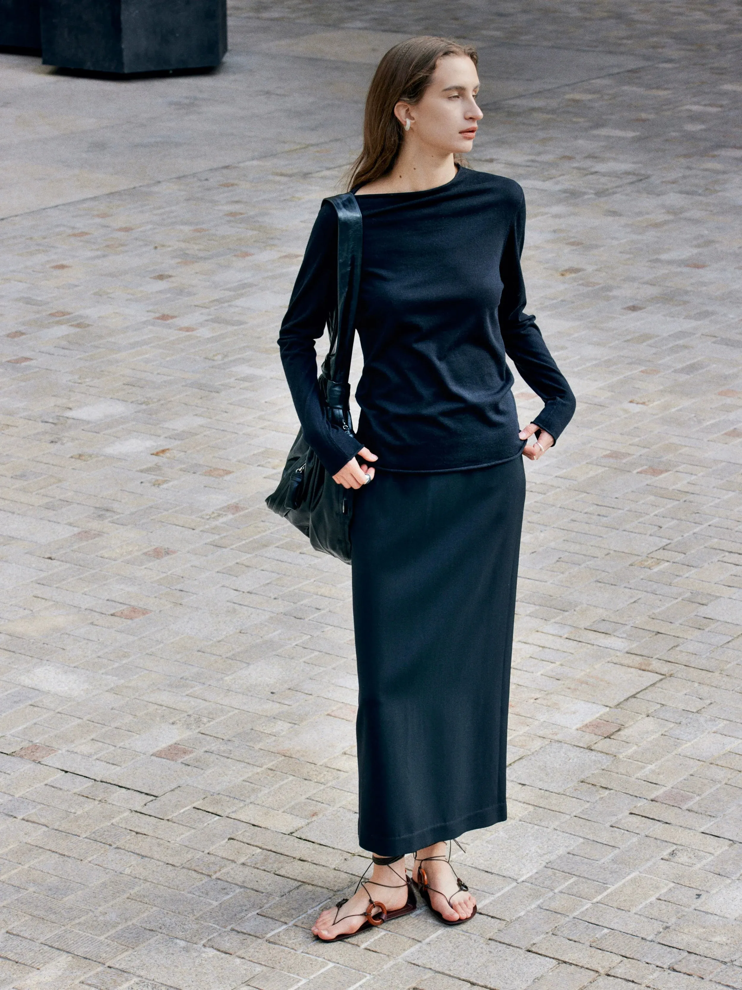 Oblique Shoulder Long-Sleeve Top