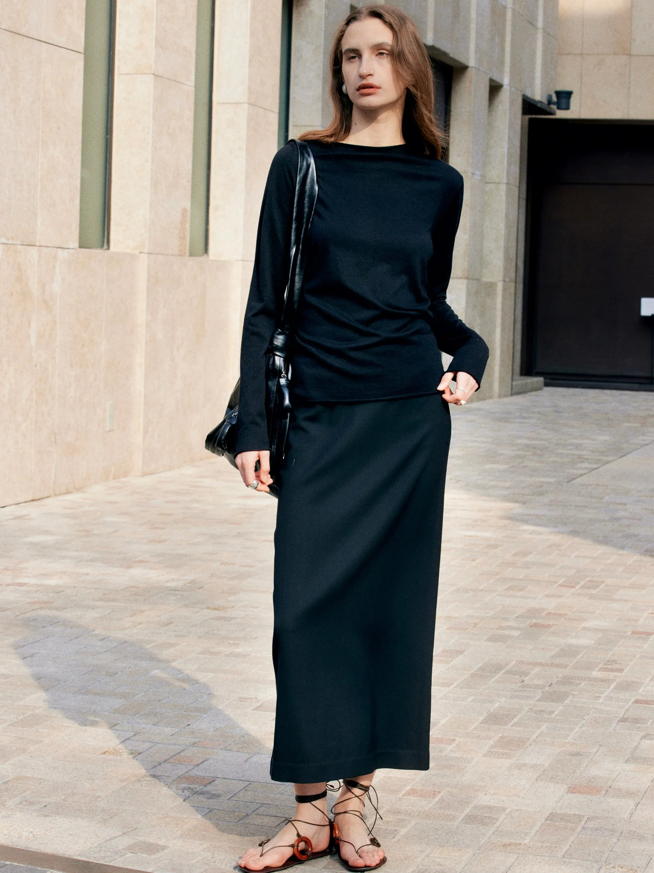 Oblique Shoulder Long-Sleeve Top