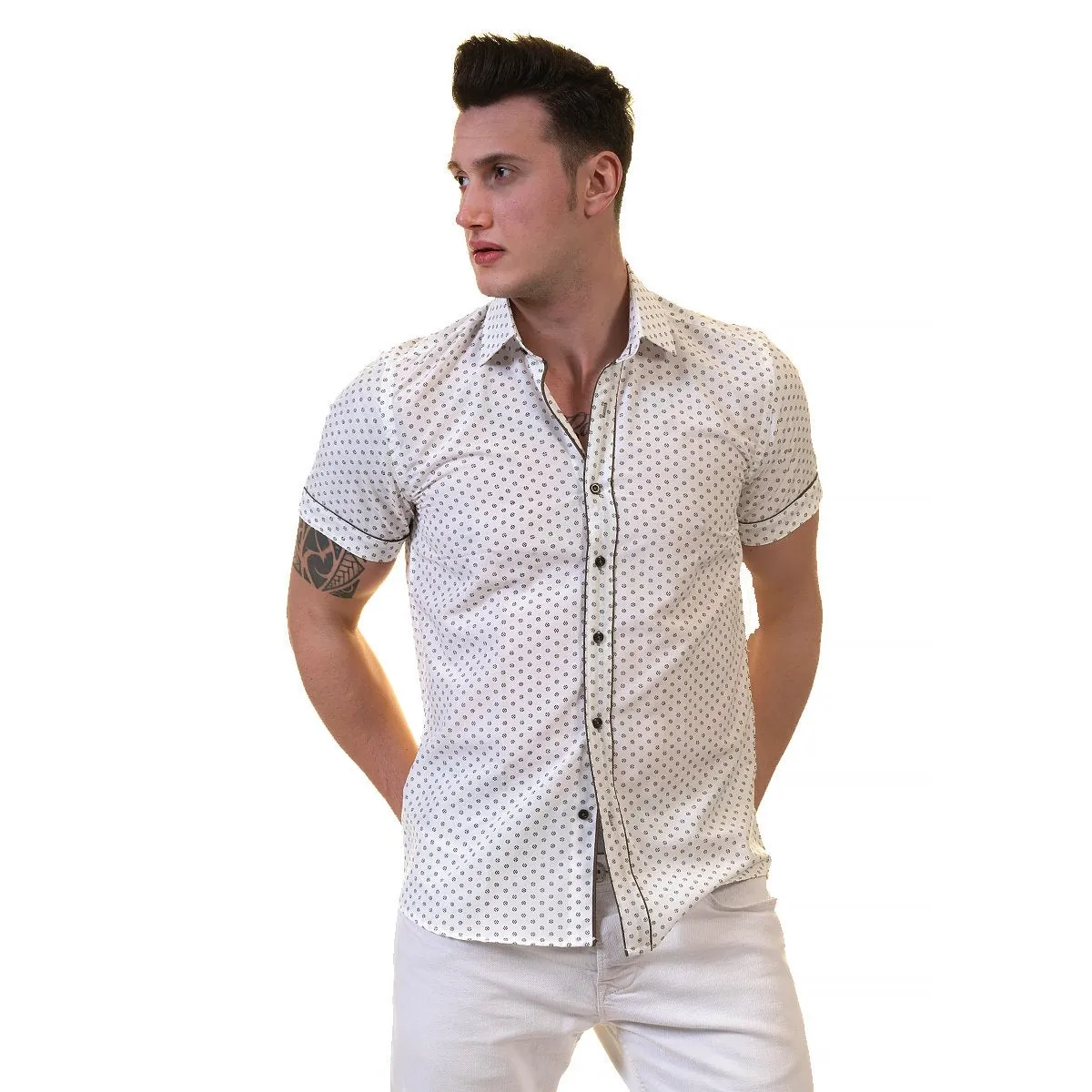 Off White Doted Mens Short Sleeve Button up Shirts - Tailored Slim Fit