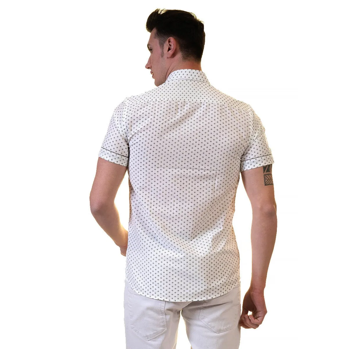 Off White Doted Mens Short Sleeve Button up Shirts - Tailored Slim Fit