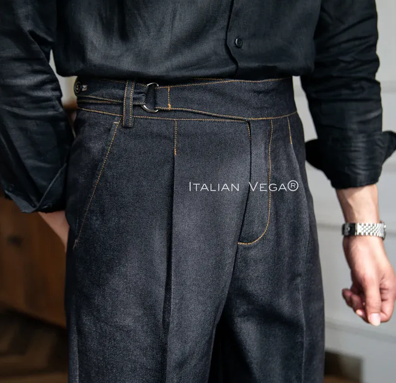 Old Money Black Shirt with Space Blue Veteran Denim Gurkha Pant by ITALIAN VEGA®