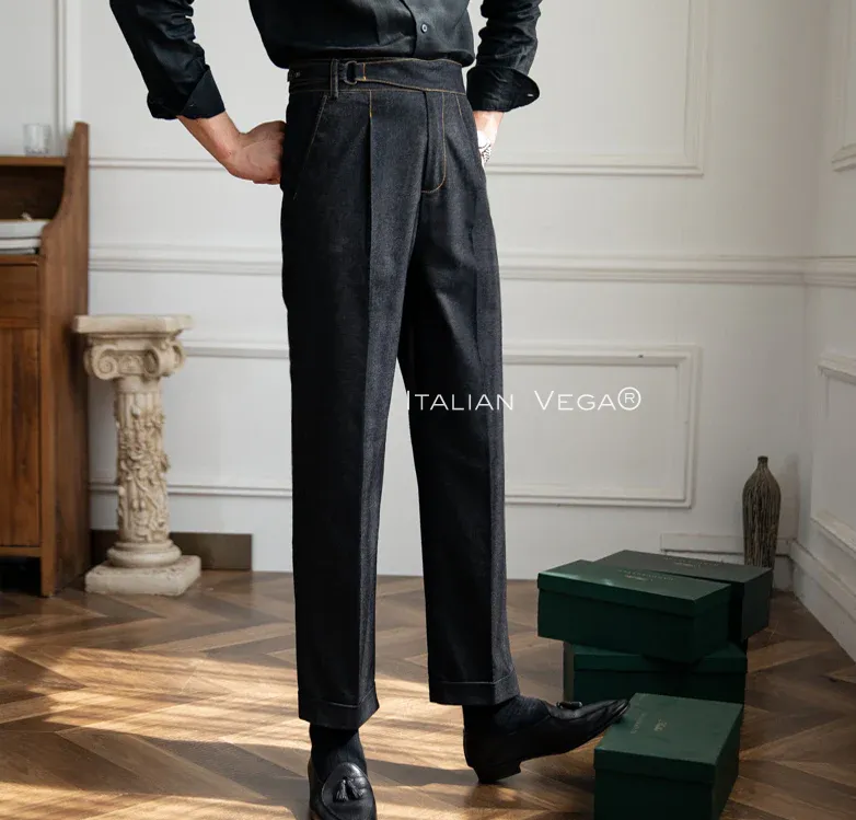 Old Money Black Shirt with Space Blue Veteran Denim Gurkha Pant by ITALIAN VEGA®