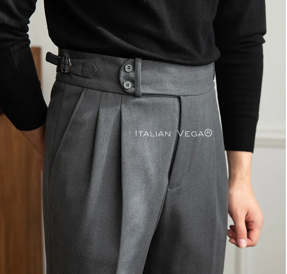 Old Money Grey Stripe Shirt with Grey Herringbone Signature Buttoned Gurkha Pant by ITALIAN VEGA®